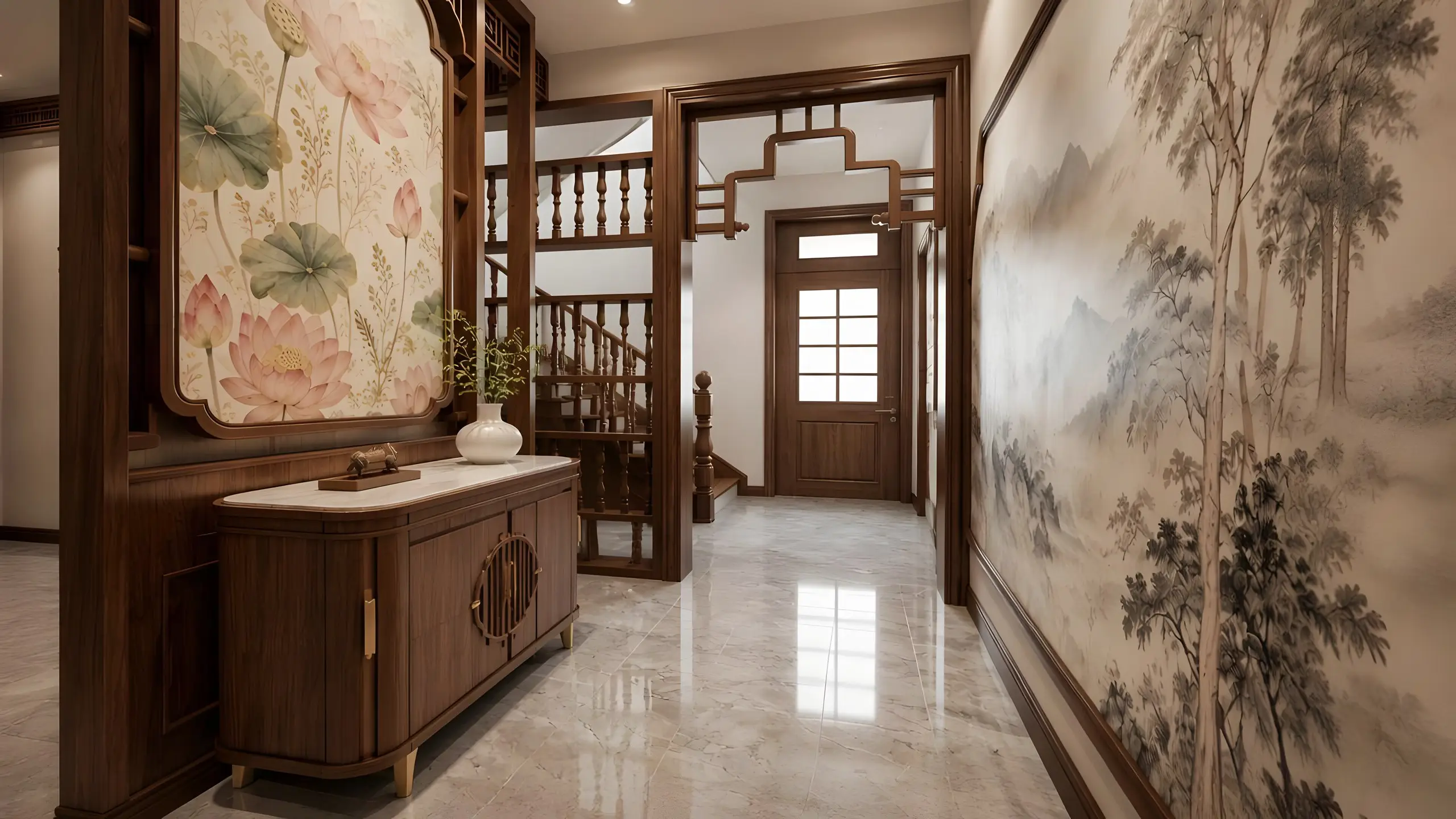 Hành lang vách tranh lụa sen khung gỗ