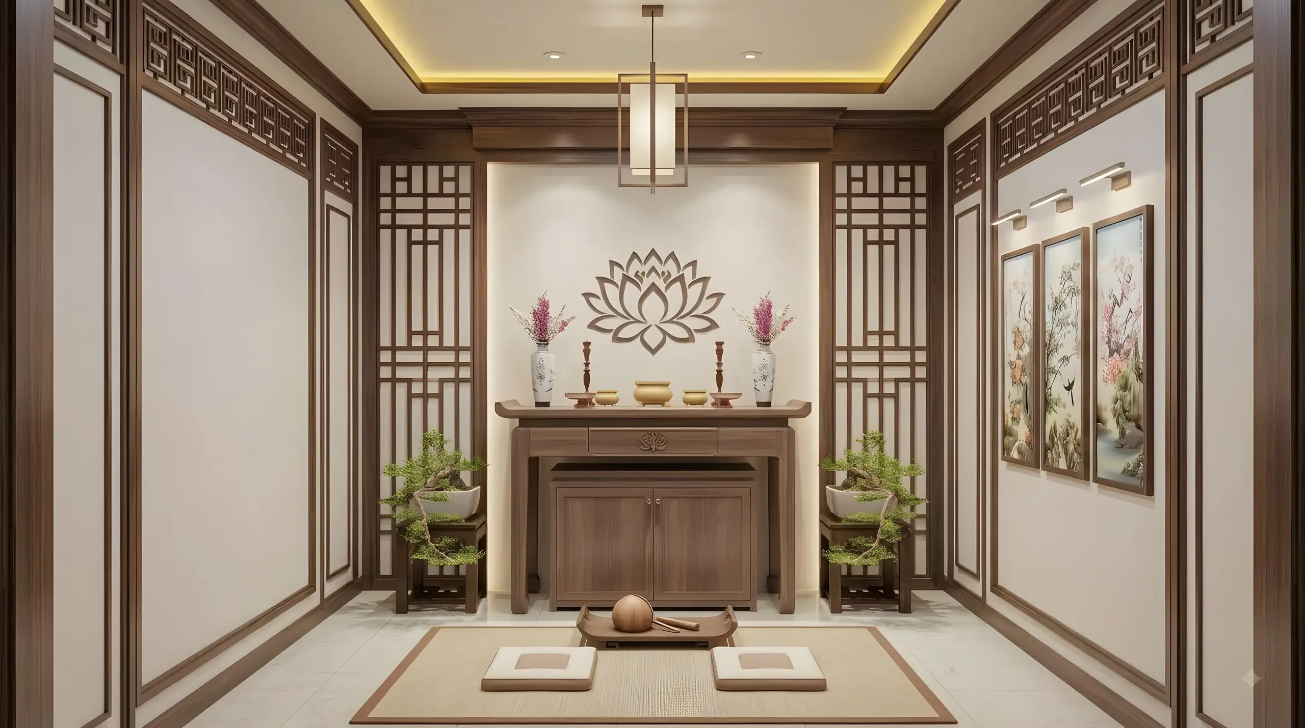 Phòng thờ vách song gỗ hai bên ban thờ