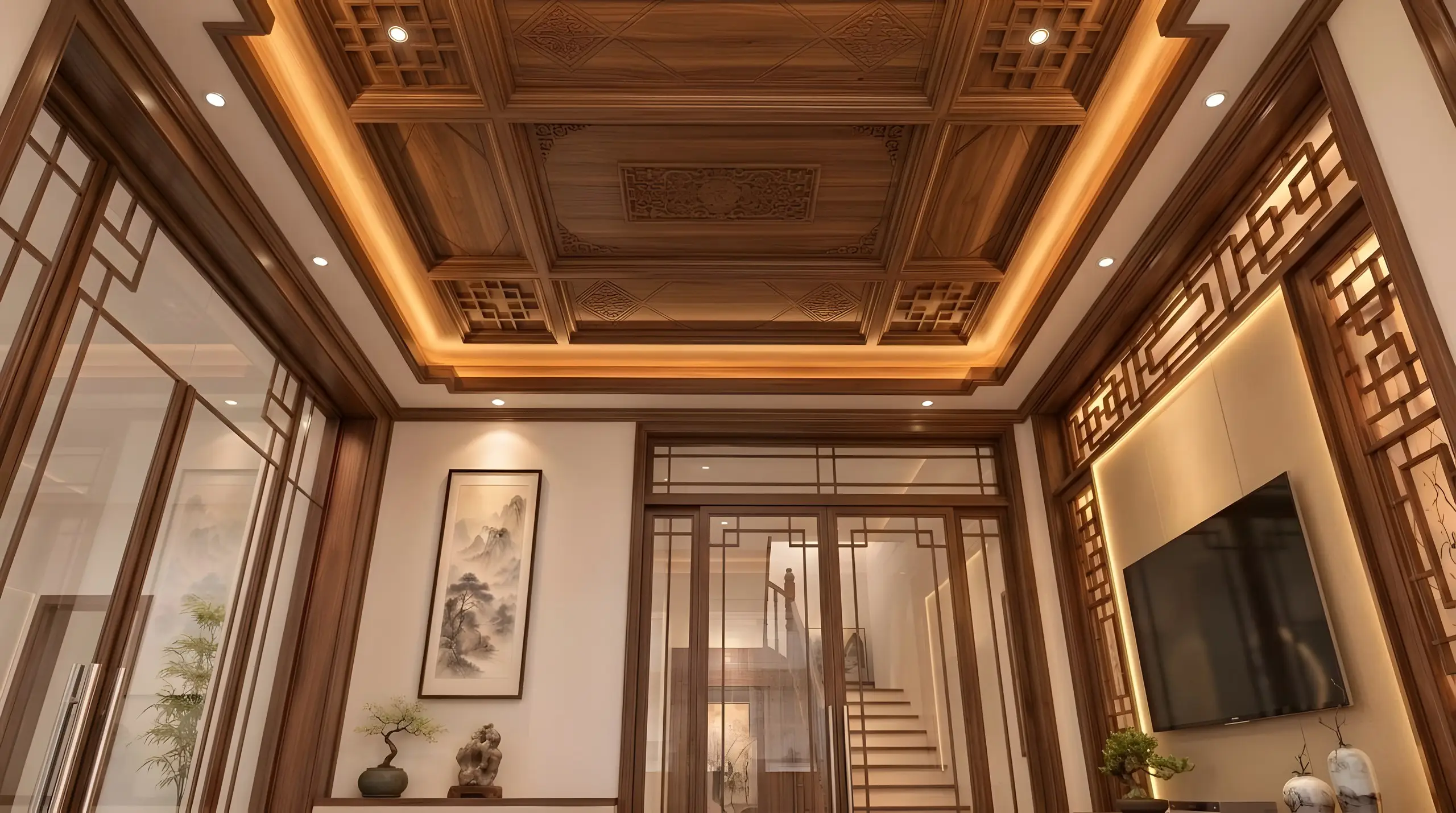 Phối cảnh 3D trần giật cấp ốp gỗ phòng khách